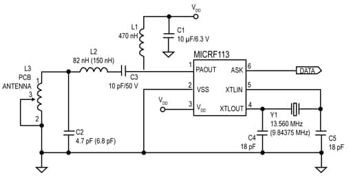 The MICRF113 can use a PCB antenna